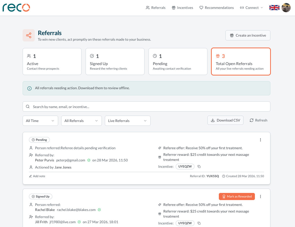 Reco provider referrals dashboard