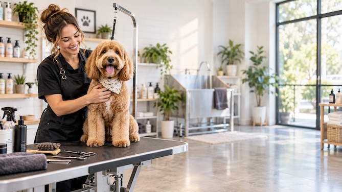 A groomer with a happy client and their dog